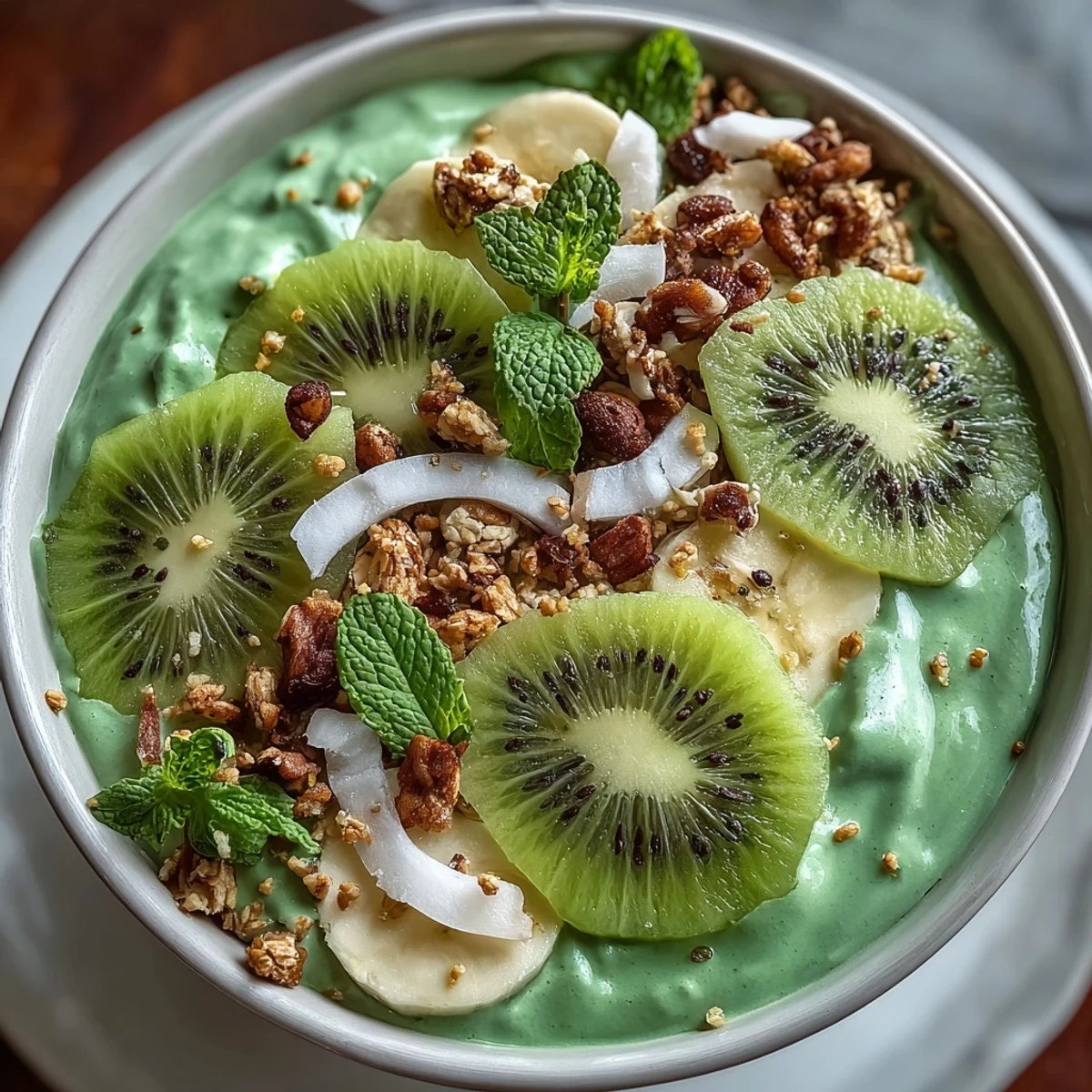 Creamy green smoothie bowl made with spinach, kiwi, banana, and yogurt, garnished with crunchy granola and pumpkin seeds.  