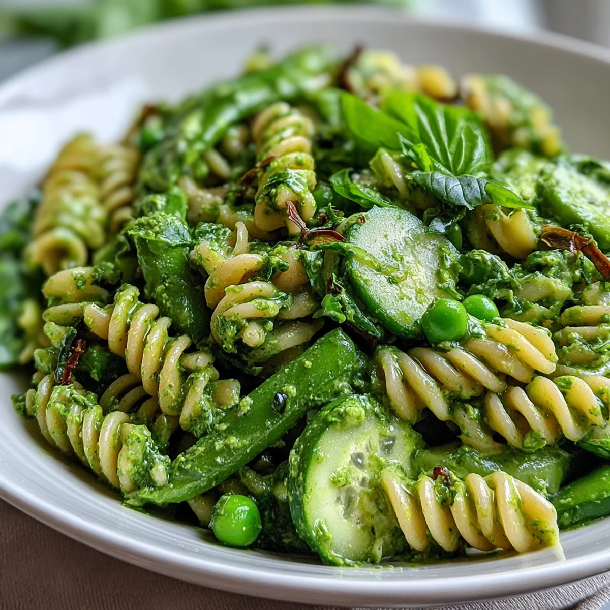 Creamy green goddess dressing coats tender pasta, crisp peas, and fresh herbs in this colorful spring salad perfect for gatherings.  