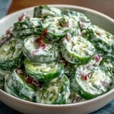 Refreshing Creamy Cucumber Dill Salad featuring sliced cucumbers and red onion in a creamy, herby dressing.  