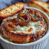 Warm Quick Onion Soup Gratin, topped with toasted baguette and gooey cheese.