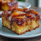 Golden Brown Sugar Peach Upside-Down Cake with juicy peaches, ready for dessert.