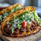 Savory burger filling nestled in crunchy rice taco shells, a delightful fusion.