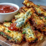 Close-up of oven-baked Parmesan zucchini fries, invitingly golden and crunchy, ready for dipping.