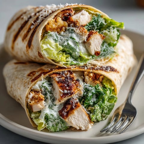 Classic Chicken Caesar Wrap tightly rolled with parmesan, crunchy croutons, and grilled chicken, ready for an easy American lunch.