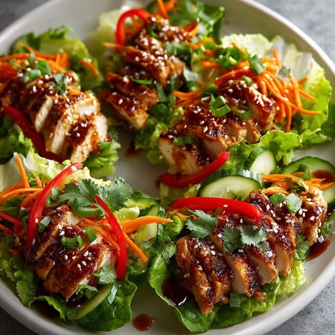 Grilled Chicken Lettuce Wraps filled with juicy chicken, crisp veggies, and tangy Asian-style sauce.