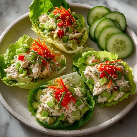 Freshly made Avocado Tuna Lettuce Wraps arranged on a white platter, showing colorful veggies and juicy lemon wedges for zesty flavor.