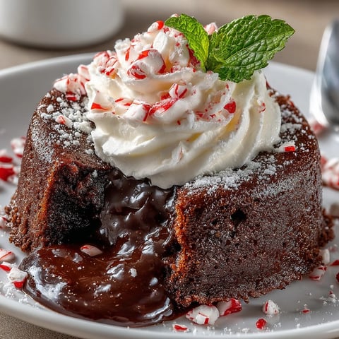 Dark Chocolate Peppermint Lava Cakes with molten centers and whipped cream, sprinkled with crushed candy canes.