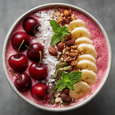 Cherry-Coded Holiday Protein Smoothie Bowl topped with fresh cherries, granola, and festive garnishes