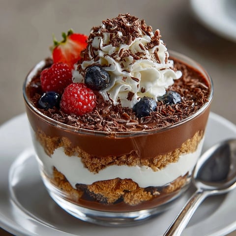 Budget-Friendly Cottage Cheese Chocolate Mousse Trifle in glass, showing creamy mousse layers and crunchy cookie crumble.