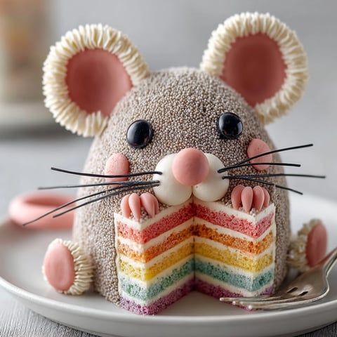 Chaos Cake rat-shaped birthday cake with rainbow layers, frosted and ready for a party celebration.
