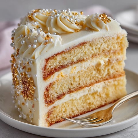 Rococo-Inspired Vanilla Layer Cake with Edible Pearls graces a table, adorned in buttercream.