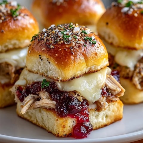 Thanksgiving Leftover Turkey Cranberry Sliders stacked on golden buns, cheese melting and cranberry sauce glistening.