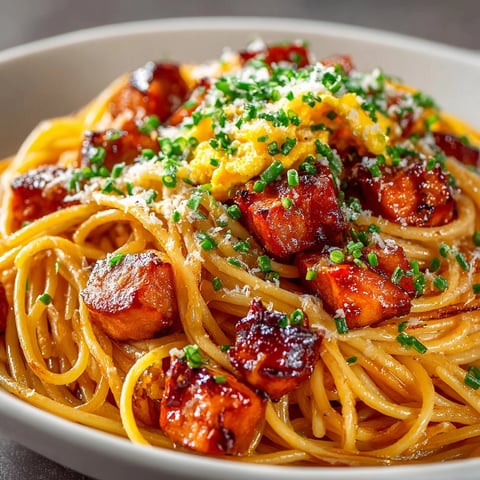 Golden, glistening Cherry Glazed Ham Breakfast Pasta, a sweet and savory brunch dish.