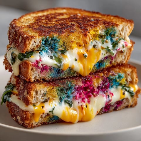 Vibrant, melted "Chaos-Style Funky Colored Grilled Cheese" revealing a rainbow of colorful, gooey cheese inside.