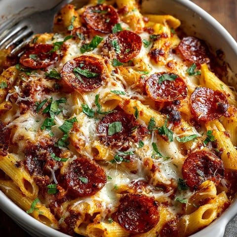 Pizza Pasta Bake with Pepperoni Chip Topping fresh from the oven, bubbling cheese and sizzling pepperoni slices.