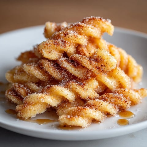 French Toast Pasta with Cinnamon Sugar Dust glistening in butter, served with maple syrup drizzle.
