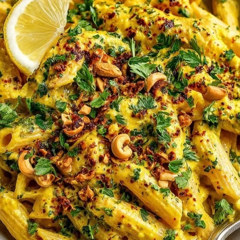Golden Milk Pasta with Turmeric Glow Sauce glistening in a creamy, golden coconut sauce, topped with fresh herbs.