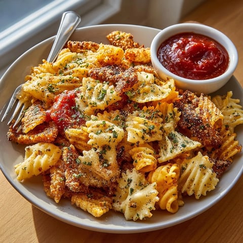 Golden and crispy air fryer pasta chips sprinkled with Parmesan, served with marinara for dipping.