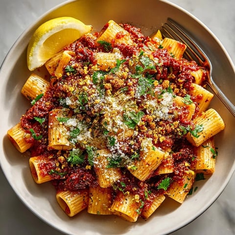 Moroccan Harissa Pasta with Date and Almond Crumble topped with fresh herbs and zesty lemon wedges.