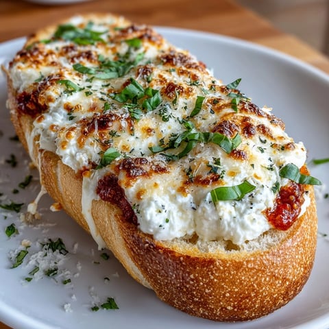 Freshly baked Ricotta-Stuffed French Bread Pizza with golden cheese and herby aroma on a wooden board.