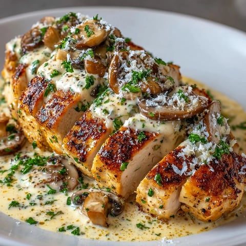 Creamy Garlic Mushroom Chicken Skillet sizzling in a cast iron pan with golden mushrooms and herbs.