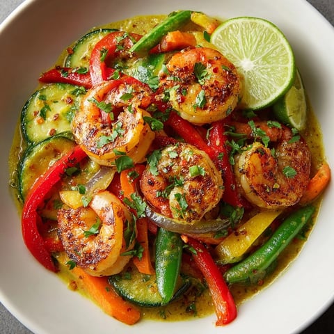 Colorful shrimp and vegetable curry in creamy coconut sauce, garnished with fresh cilantro and lime.