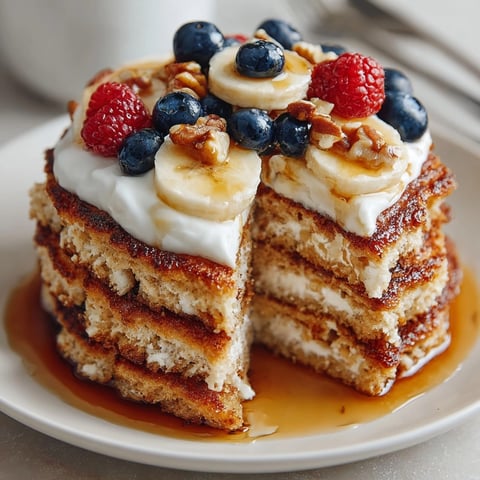 Protein pancake stack topped with fresh berries and maple syrup for a wholesome breakfast.