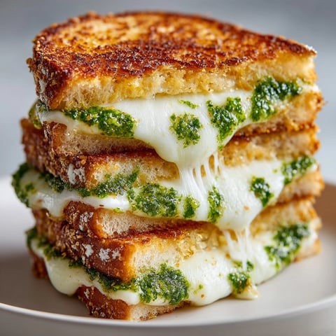 Grilled Cheese with Pesto and Mozzarella sandwich sliced to reveal gooey cheese and vibrant pesto layers.