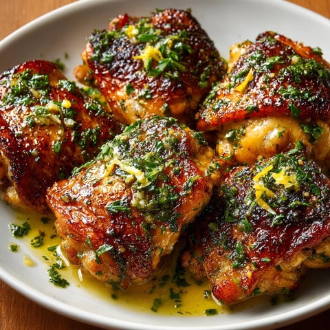 Garlic Herb Chicken Thighs roasted with golden skillet-seared skin and fresh parsley garnish