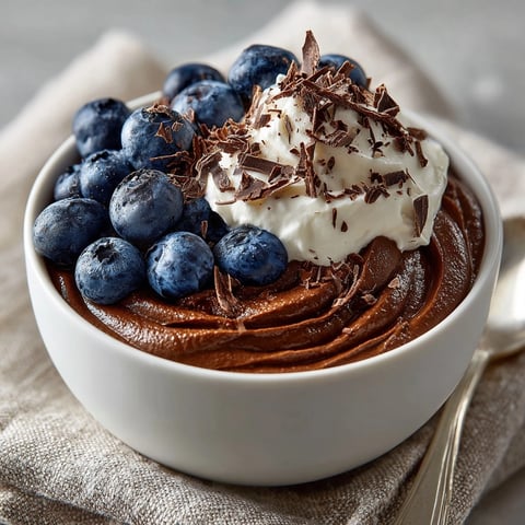 Chocolate Avocado Pudding served in glass bowls, topped with fresh berries and shaved chocolate.