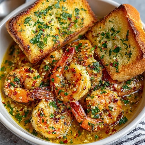 Shrimp Scampi Bowls with Garlic Bread served in white bowls with a golden buttery sauce.