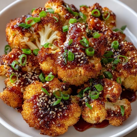 Korean Baked Cauliflower tossed in spicy gochujang sauce, garnished with sesame seeds and scallions