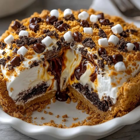 S'mores Campfire Pie with toasted marshmallow topping and melty milk chocolate in a golden graham crust