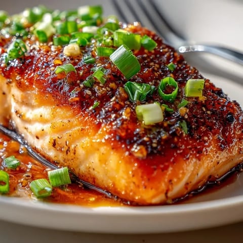 Easy Crispy Honey Garlic Glazed Salmon Recipe served golden with caramelized glaze and green onion garnish.