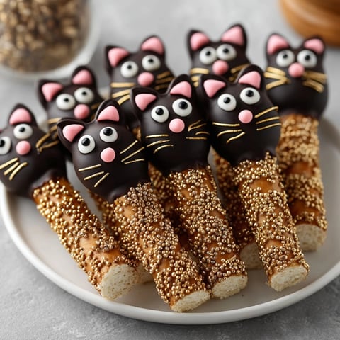 Rich chocolate covered Black Cat Pretzel Rods with candy eyes and licorice whiskers.