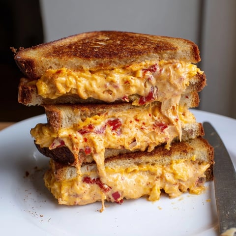 Golden Pimento Cheese-Stuffed Grilled Cheese sizzling, dripping molten cheese—classic Southern comfort food perfection.