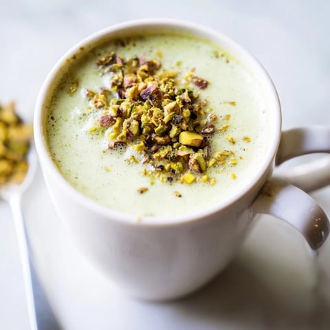 Creamy pistachio milk latte topped with crushed nuts, perfect for coffee lovers.  