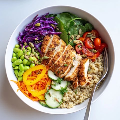 Colorful Healthy Meal-Prep Bowls filled with grilled chicken and fresh veggies.  