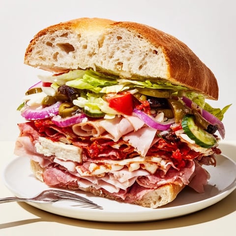 Delicious Flavor Mash-Up Sandwiches stacked high with fresh ingredients and Italian meats.  