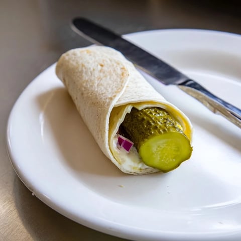 Crispy pickle-in-a-blanket rolls filled with creamy cheese and wrapped in tortillas.