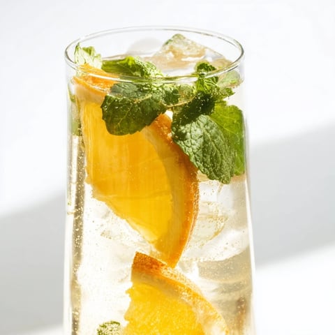 A refreshing probiotic soda mocktail with mint and citrus garnishes.  