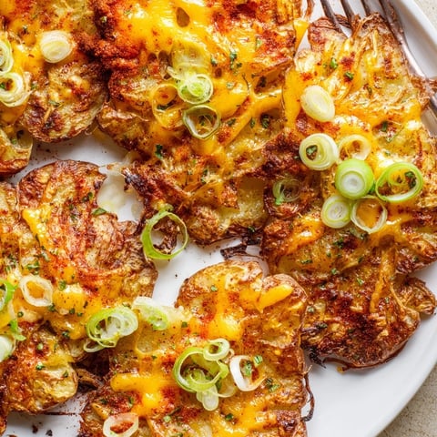 Crispy smashed green onion potato bombs drizzled with olive oil and topped with cheese.  