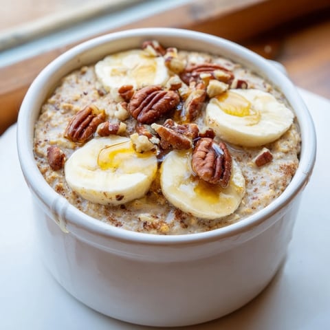 Fluffy baked oats ramekins with caramelized banana slices, drizzled honey, a perfect breakfast.