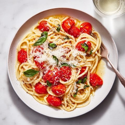 Steaming bowl of Lazy-Girl Pasta, glistening with tomatoes, ready for a delicious Italian meal.