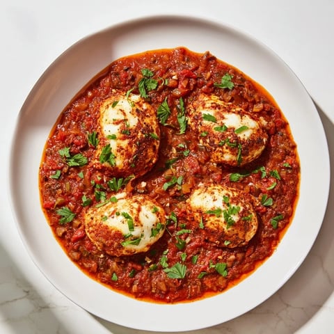 Savoury Baked Eggs in Tomato Sauce, a vibrant Middle Eastern brunch dish with runny yolks in a spiced tomato base.