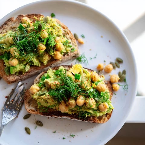 Creamy avocado toast with chickpeas and herbs, a flavorful and easy breakfast ready in minutes.
