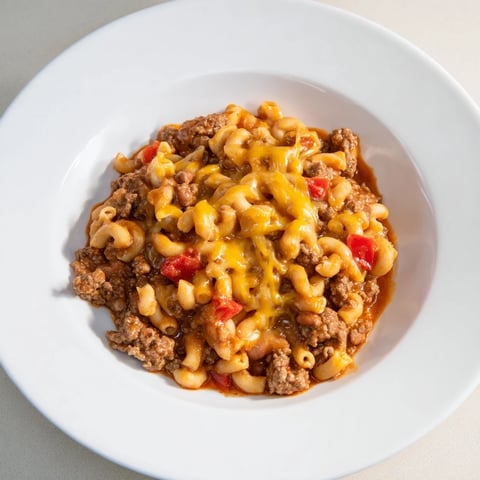 A steaming skillet of Cheeseburger Chili Mac, a hearty one-pan meal with melted cheddar.