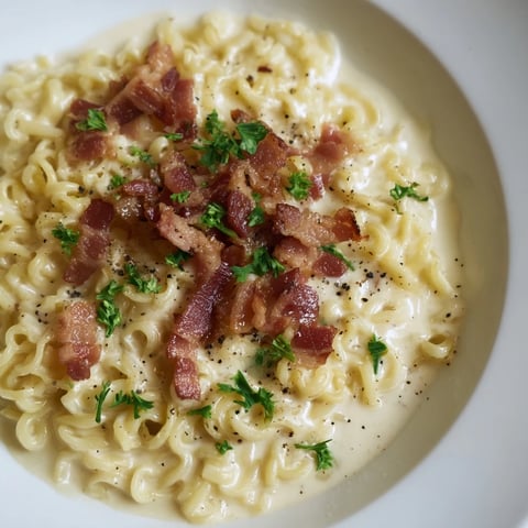 Instant Pot Carbonara Ramen Hack, a quick creamy dish, topped with bacon and fresh parsley.