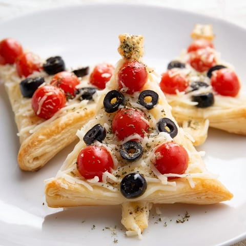 Golden, flaky Puff Pastry Christmas Tree Pizza Bites topped with melted cheese and red tomatoes.