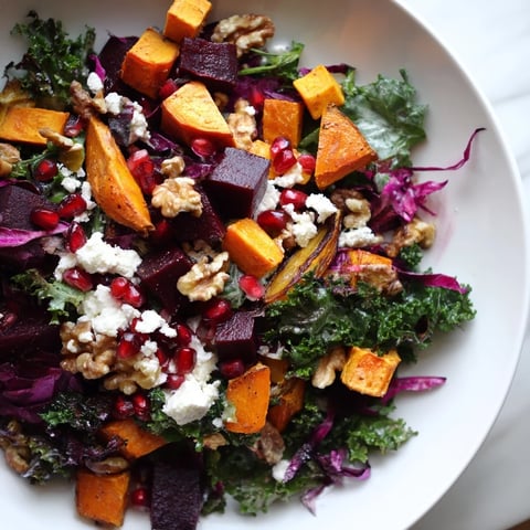 Hot Girl Winter Salad with colorful roasted vegetables and a bright citrus dressing, ready to enjoy.